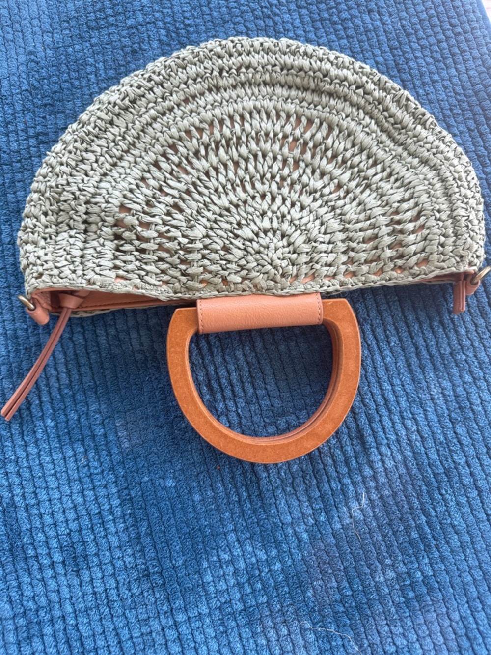 Woven Half-Moon Clutch with Tan Wood Handle